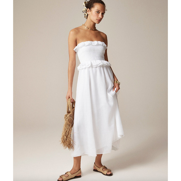 J.Crew Ravenna Dress Ramie Ruffle Lightweight Smocked Midi White XS NWT - Picture 1 of 12